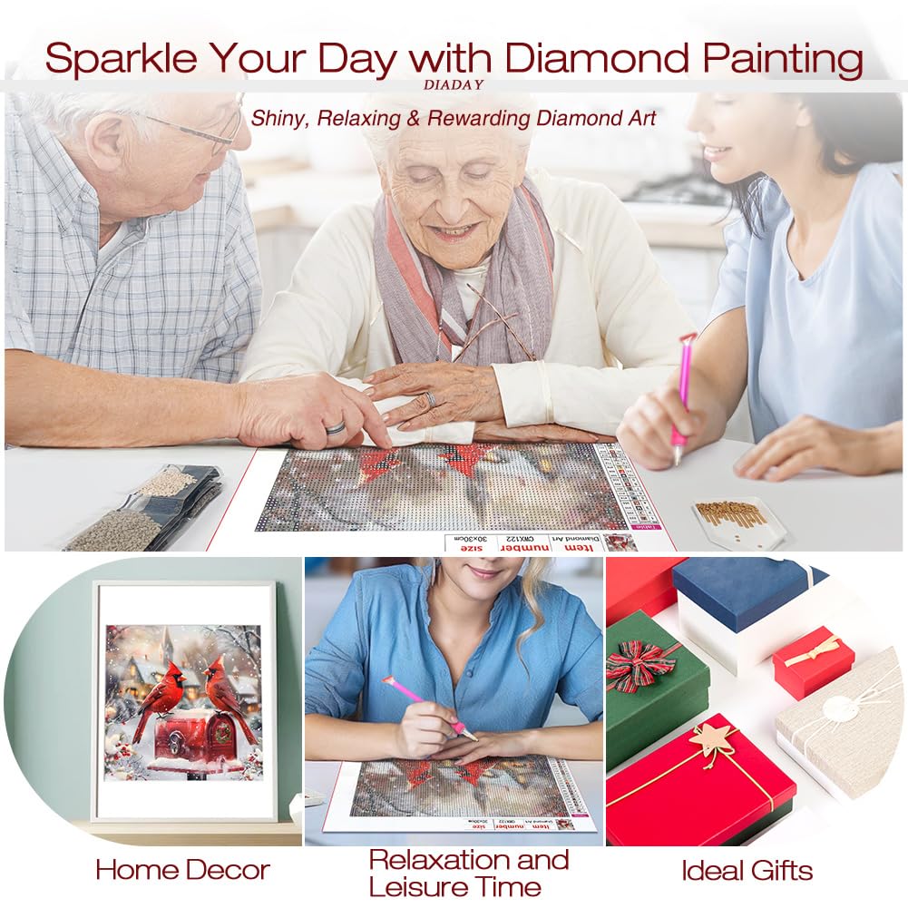 DIADAY 5D Diamond Art Kits for Adults, Winter Christmas Cardinals Diamond Painting Kit, Full Round Drill Bird Diamond Art, DIY Crafts Home Wall Christmas Decor Gift 12 x 12 Inches DIADAY