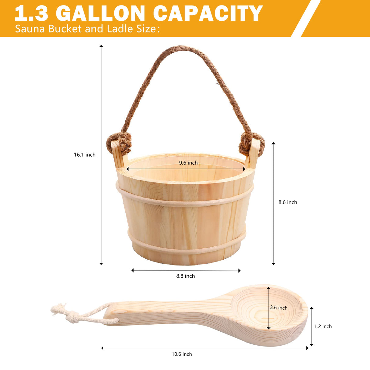 KAKUNM Sauna Bucket and Ladle 5 Liter (1.3 Gallon), Sauna Bucket, Finnish Pine Wooden Spa Accessories with Handmade Sauna Water Bucket, Plastic Liner and Rope Handle KAKUNM