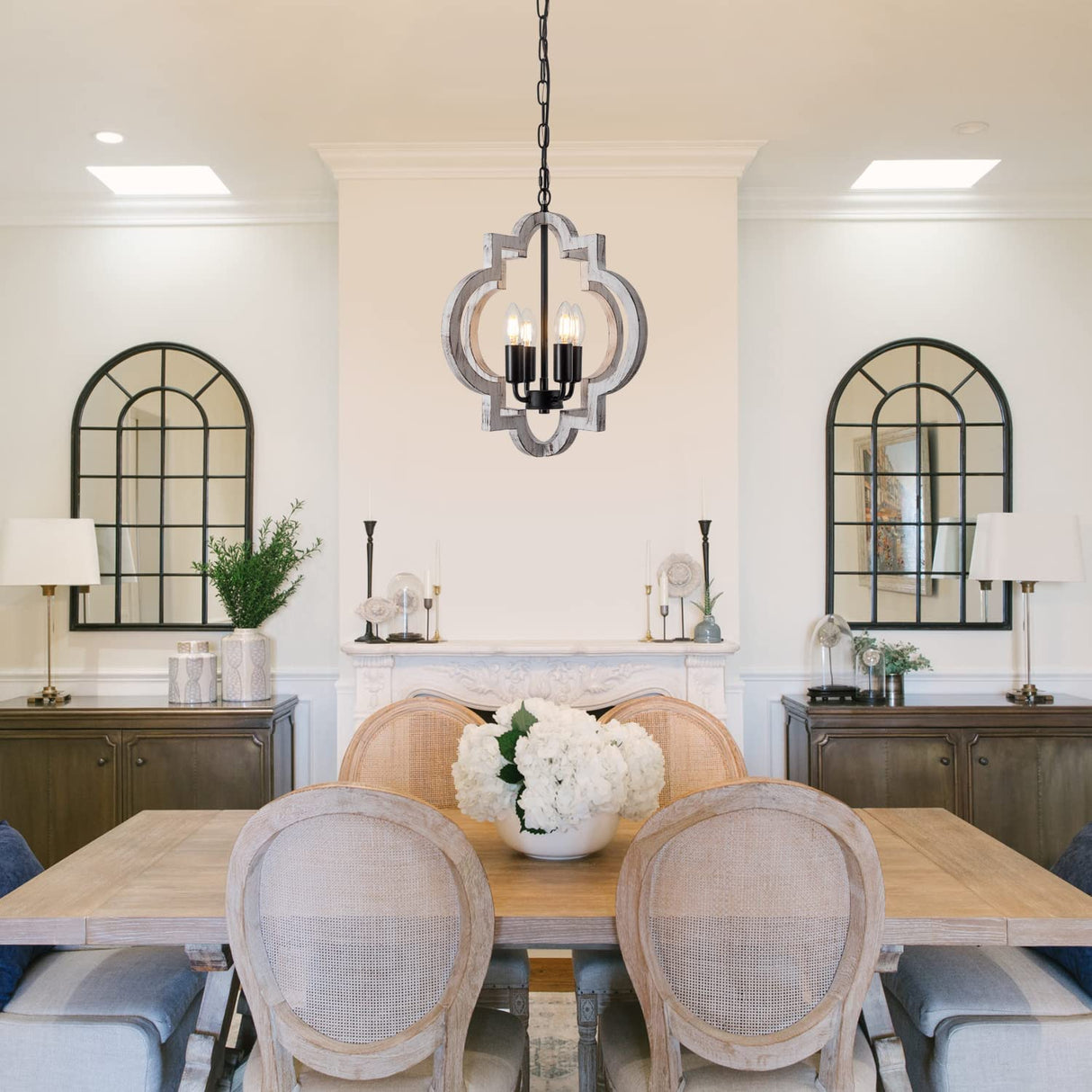 lighceac 4-Light 15" Farmhouse Orb Chandelier Rustic Handmade Distressed White Wood Hanging Ceiling Pendant Light Fixture Wood Lantern Chandeliers for Dining Room Kitchen Bedroom Foyer Hallway lighceac