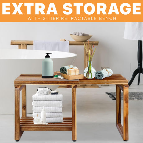 ENKEZI Adjustable Length 29.5 Inches Shower Stool Bench Chair Waterproof with Storage Shelf for Shaving Legs, Spa, Bath Seat in Bathroom, Inside Shower for Adults Seniors Elderly ENKEZI