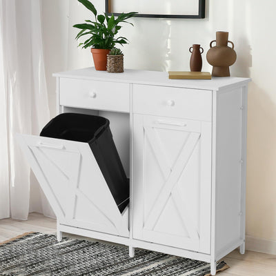 Clevich Double Tilt Out Trash Cabinet 20 Gal, Kitchen Wooden Recycling Cabinet, Hidden Trash Can Holder w/Drawers & Tabletop, Dog-Proof Trash Bin Cabinet, Trash Bins NOT Included(White)