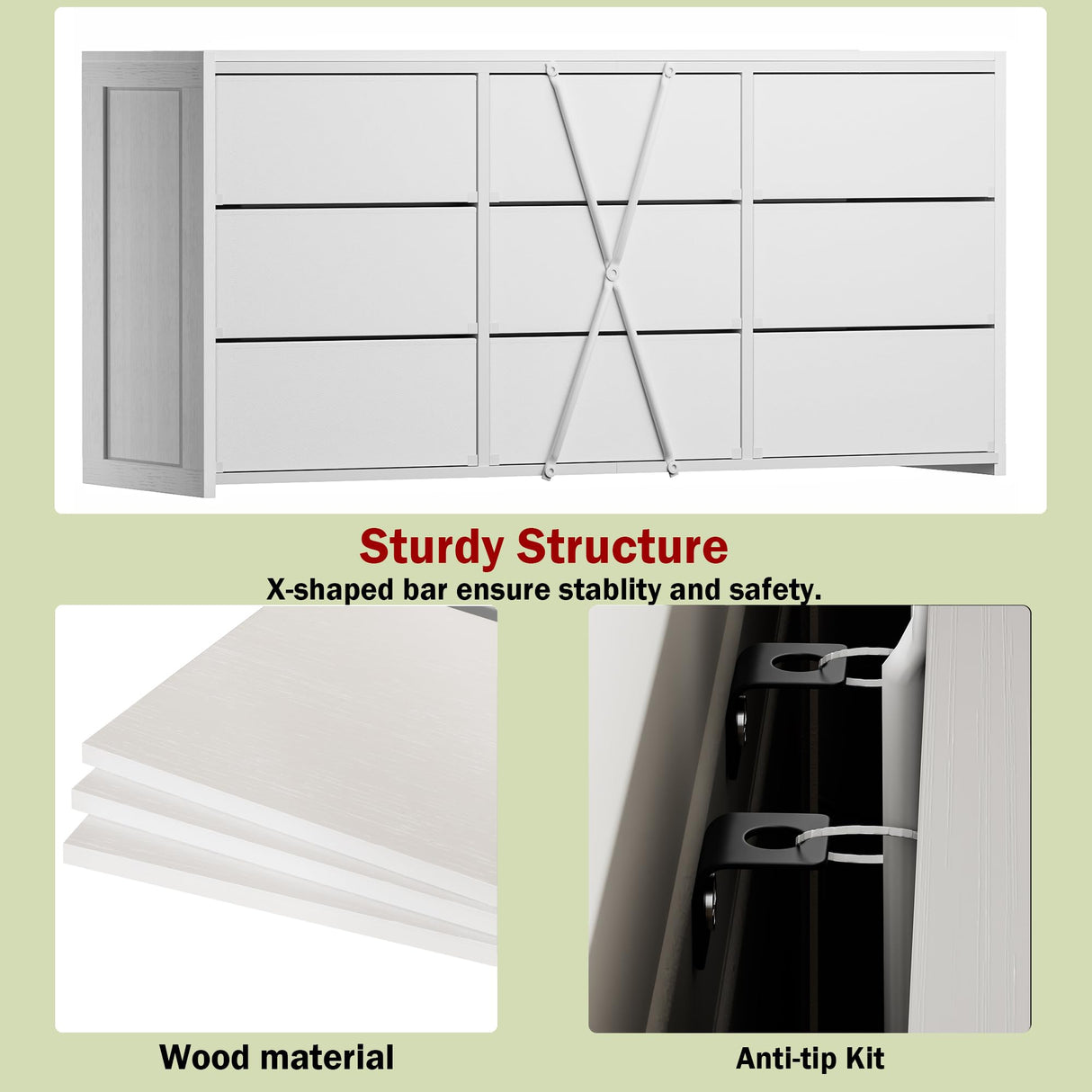 OURPIC Dresser for Bedroom with 9 Drawers, 55 Inch White Dresser TV Stand for 55, 60, 65 Inch TV, Wood Top and Side, Fabric Drawers, Storage, Dressers for Closet, Living Room, Hallway, Entryway OURPIC