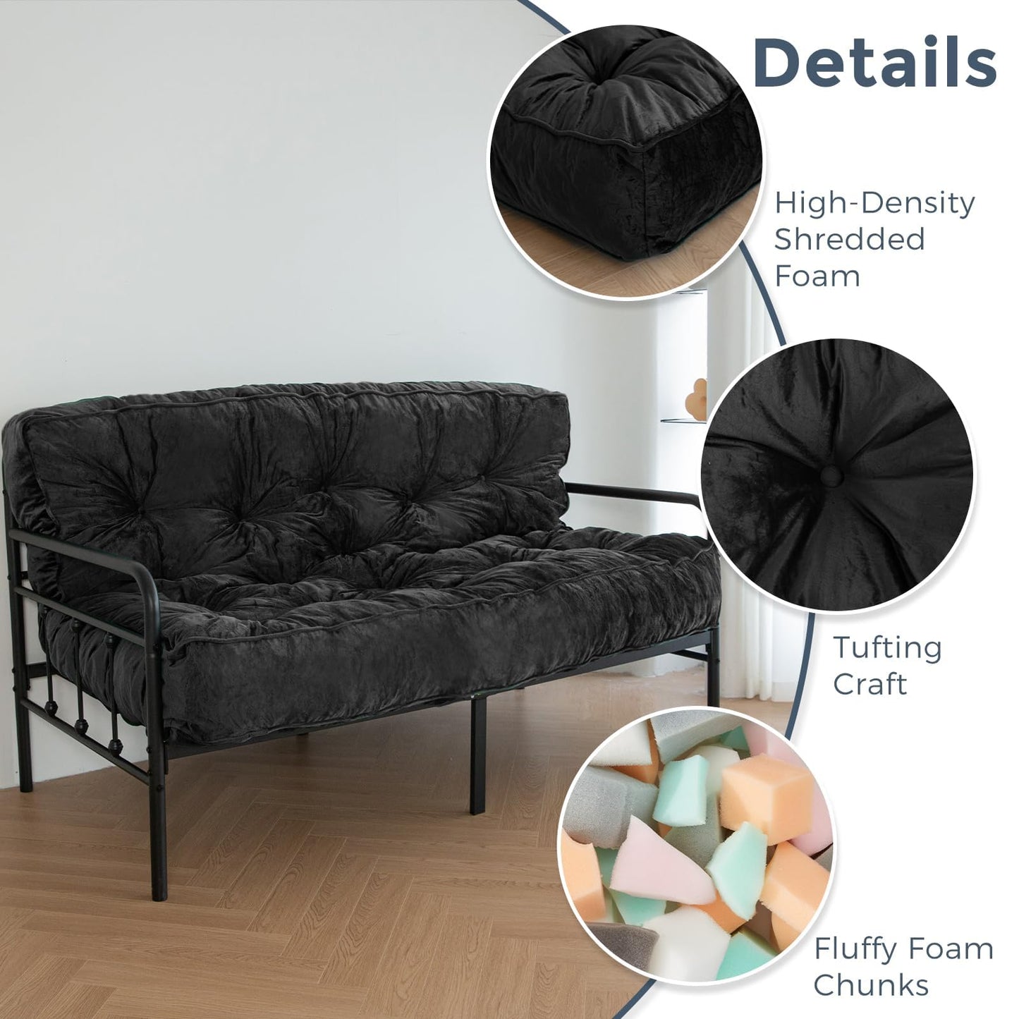 MAXYOYO 8" Futon Mattress Full Size, Extra Thick Futons Sofa Couch Bed, Velvet Floor Mattress for Adults, Shredded Foam Filling (Frame Not Included), Black