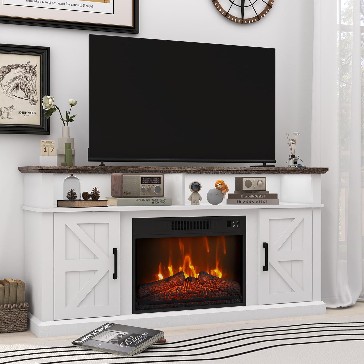 Luban Nese Fireplace TV Stand for TVs Up to 65" with 23" Electric Fireplace, Entertainment Center with Storage Cabinet and Open Shelves, Media Console with Barn Doors for Living Room (White)