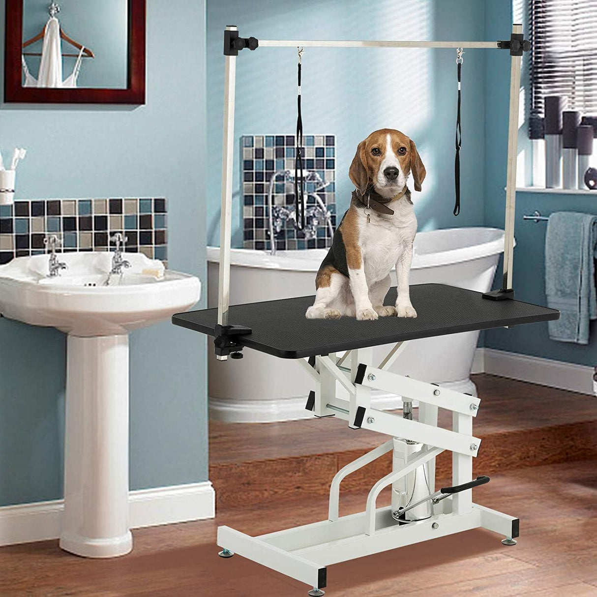TRODEP 42.5" Hydraulic Dog Grooming Table for Large Dogs Heavy Duty Height Adjustable Dog Grooming Table with Gantry Arm & Noose Height Range 21-36 inch Black TRODEP