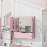 DaiNNCN Twin-Over-Twin House Bunk Bed,Floor Bunker Bed for Kids,Loft Bed with Roof and Door/Windows Built-in Storage Shelves,for Girls,Boys-White/Pink DaiNNCN