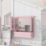 DNChuan Floor House Bunk Bed with Roof and Window,Built-in Storage Box,Wooden Guardrails with Door/Ladder,Low Bunker Bed Twin Over Twin for Kids Girls Boys,Pink/White DNChuan