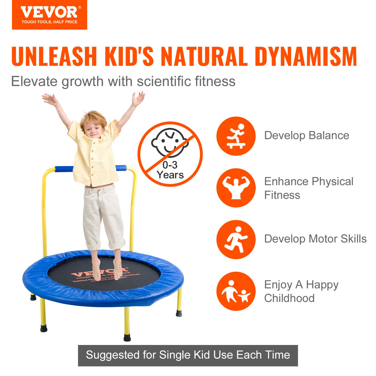 VEVOR 3FT Trampoline 36" Indoor/Outdoor for Toddlers, Foldable Mini Baby With Foam Handle, Recreational Birthday Gift VEVOR