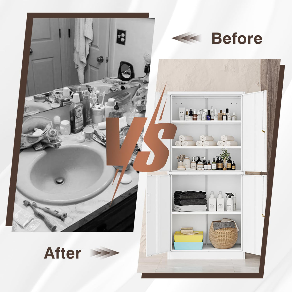 Fesbos White Pantry Cabinet and Organizers - 71”H Kitchen Metal Storage Cabinet with 4 Doors and 3 Adjustable Shelves for Kitchen, Living Room and Dinning Room Fesbos