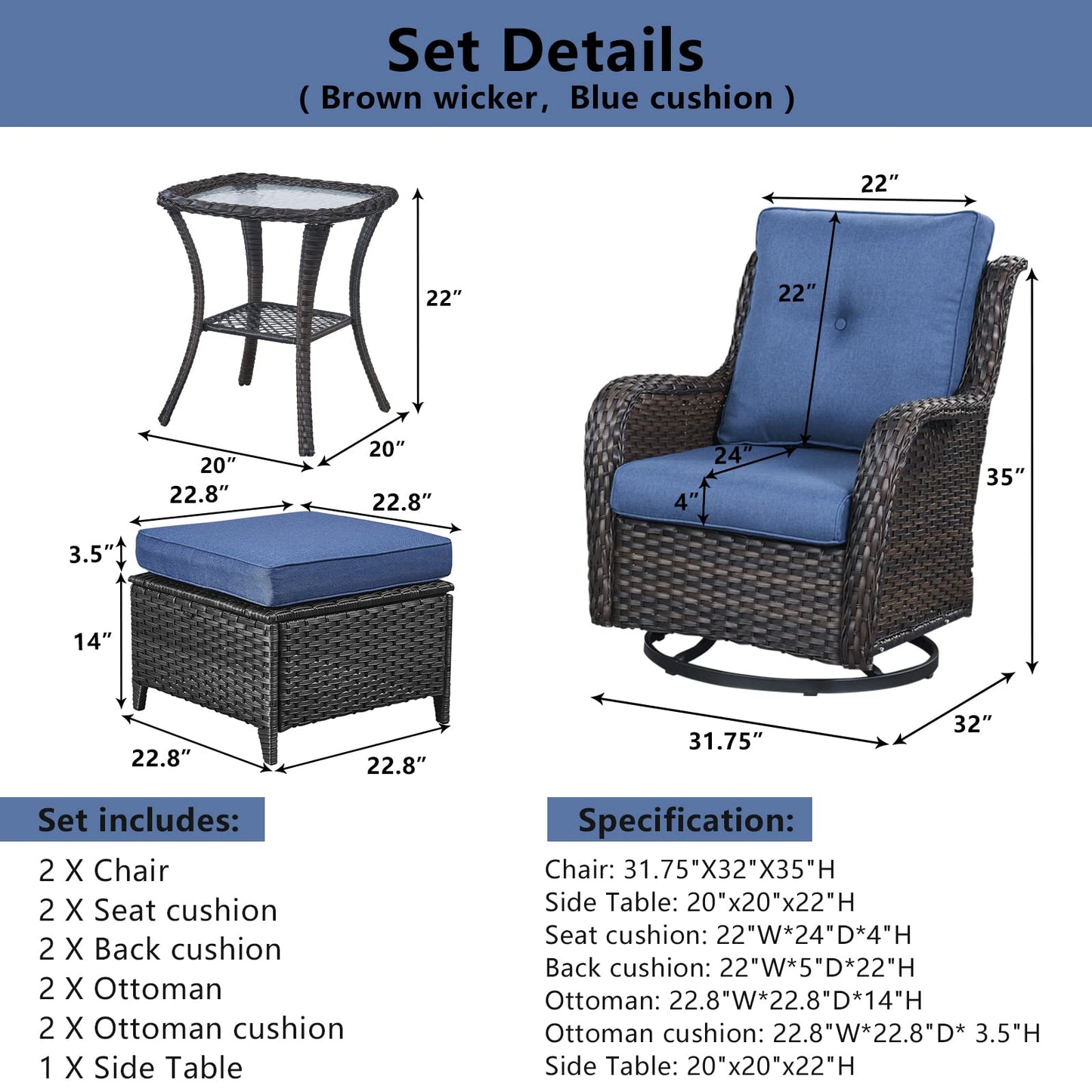 Belord 5 Pieces Patio Furniture Sets Wicker Outdoor Furniture, Rattan Patio Swivel Glider Chairs with 2 Ottoman and Glass Side Table - WoodArtSupply