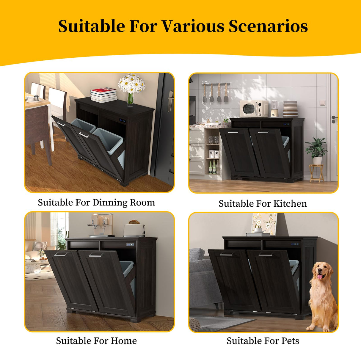 Ymise Tilt Out Trash Can Cabinet, Wooden Trash Cabinet with Deodorising Function, 20 Gallons Freestanding Dog-Proof Garbage Bin Cabinet for Home, Kitchen and Living Room, Dark Brown Ymise