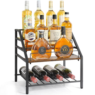 VINAEMO Wine Racks Countertop, 3-Tier Liquor Bottle Display Shelf, Coffee Syrup Organizer, Small Wine Rack, Wine Bottle Holder for Whiskey Bar, Retro Bar Shelves for Home Bar