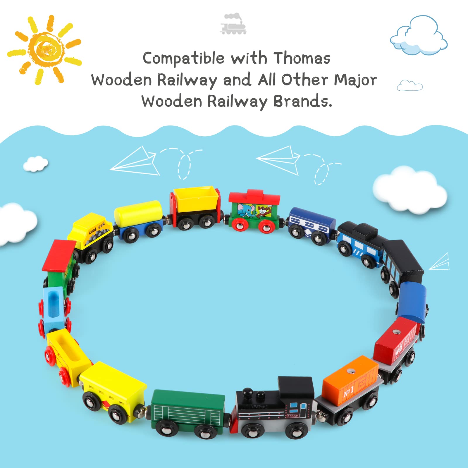 Wondertoys 16 Piece Magnetic Wooden Train Set for Toddlers - Includes Storage Bag and Track Accessories - WoodArtSupply