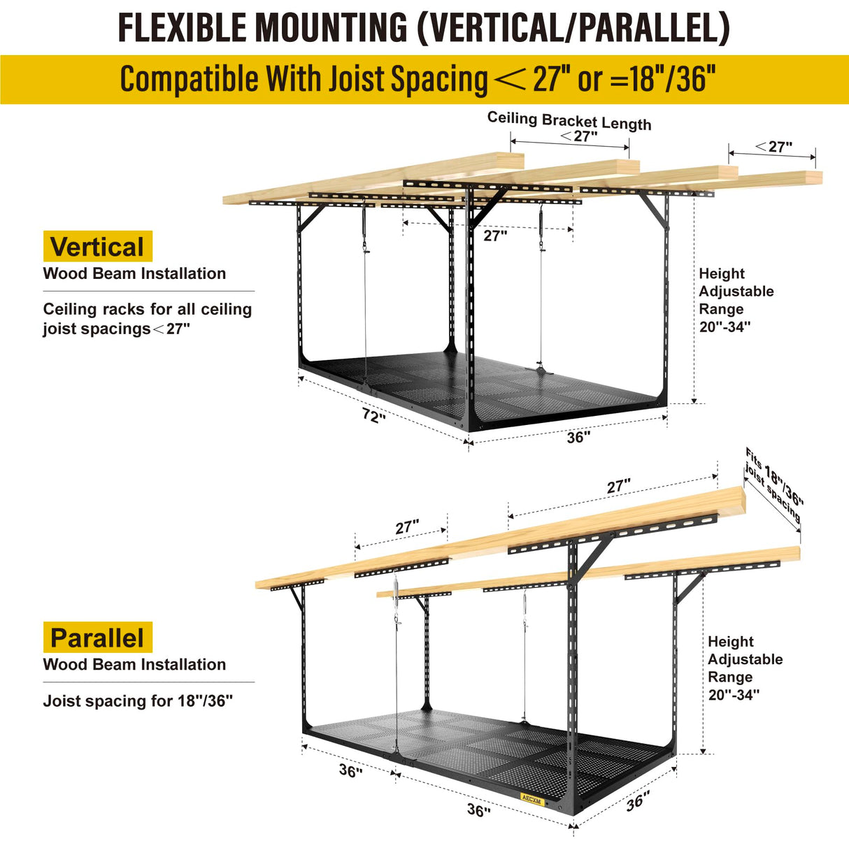 Aecxm 3x6ft Overhead Garage Storage, Adjustable Ceiling Mounted Storage Racks, 36" Length x72 Width x 35" Height, 20''-40" Ceiling Dropdown, 680LBS Weight Capacity (Black) Aecxm