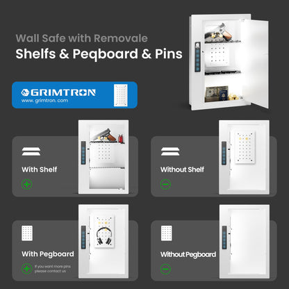 Grimtron Quick Access Wall Gun Safe with Removable Pegboard & Shelfs, Flat Hidden White Wall Safes Between the Studs 16" Centers, Wall Mount Safe for Handgun, Clips, Valuables