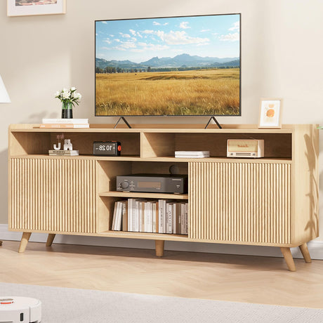 Jocoevol Fluted TV Stand for 65 Inch Boho Entertainment Center With Storage, Wood Media Console Cabinet With Shelves and Doors, Living Room Furniture for Bedroom, Natural Oak Jocoevol
