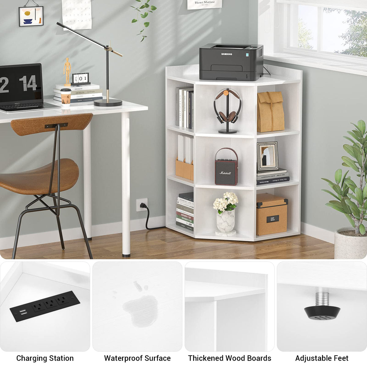 Aheaplus White Corner Cabinet with USB Ports and 9 Cubes for Smart Sto ...