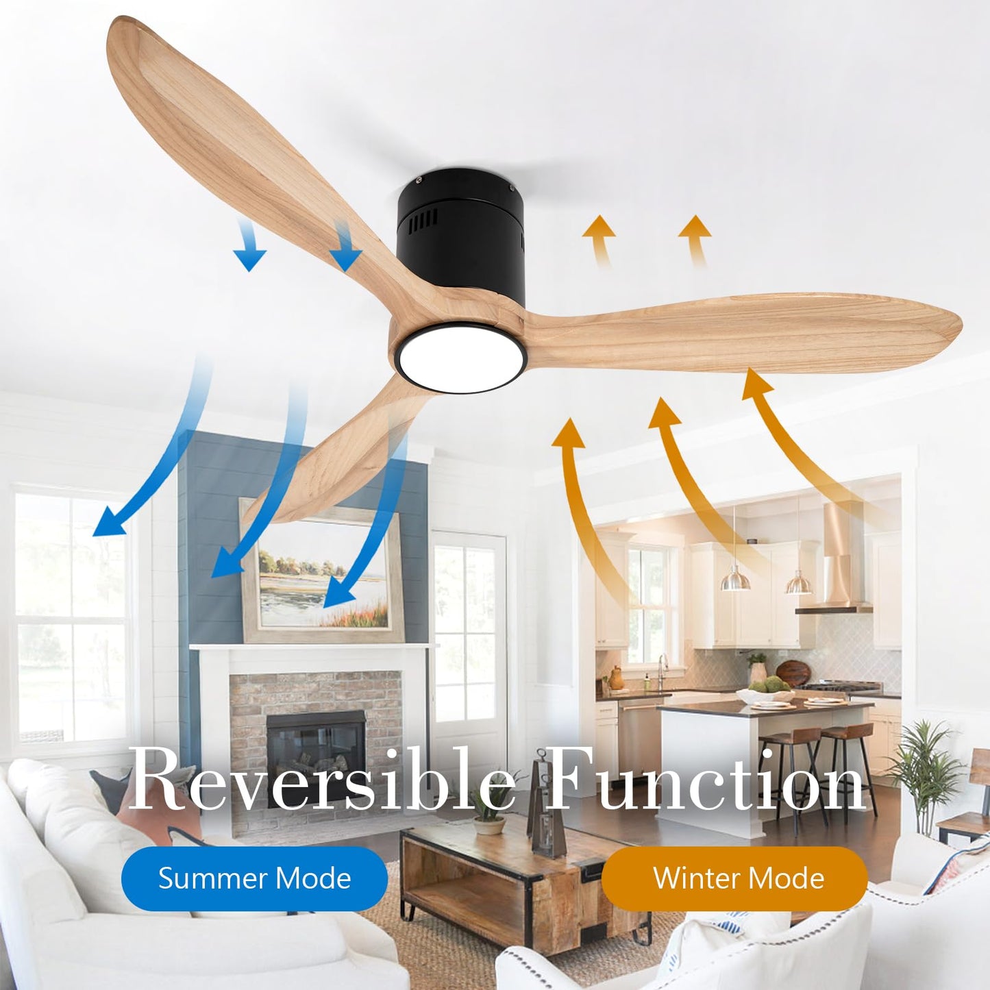 VACILL Flush Mount Ceiling Fan with Light,Low Profile Ceiling Fan,Wooden Fan Blades,6 Speed,LED Dimmable,DC Motor,52 inch,Natural Wood Blade - WoodArtSupply