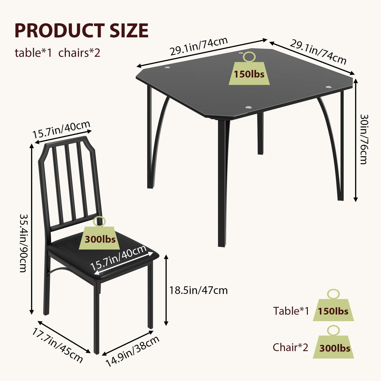 IDEALHOUSE Dining Table Set for 2, Kitchen Table Chairs Set of 2 with Ultra Comfortable PU Cushion, Dining Room Table Set for 2 Furniture with Kitchen Chairs Suitable for Small Space - Black Glass IDEALHOUSE