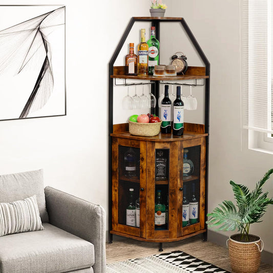 EOYUTLLY Corner Bar Cabinet,5-Tier Wine Bar Cabinet with Storage,Liquor Cabinet with Glass Holder,Mesh Door and Adjustable Shelf,Corner Shelf Liquor Cabinet Bar for Home(Rustic Brown) - WoodArtSupply