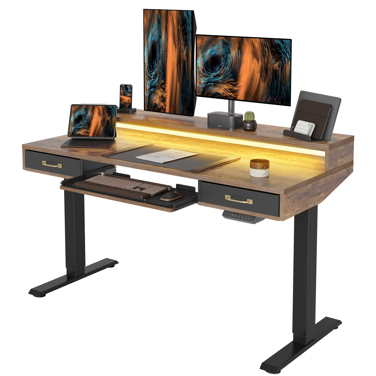 FEZIBO 55 x 24 Inch Height Adjustable Electric Standing Desk with Double Drawers&Keyboard Tray, Stand Up Desk with LED Strips, Sit Stand Desk with Monitor Stand, Rustic Brown FEZIBO