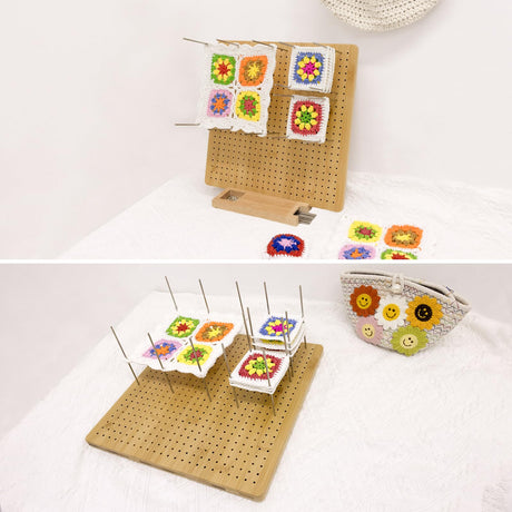 13" Crochet Blocking Board-Granny Square Blocking Board with 15 Stainless Steel Pegs, Crochet Blocking Board with Pegs, Bamboo Blocking Boards for Crochet Projects, Knitting Blocking Mats Adnkwolivt