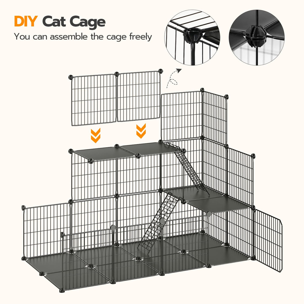 Large Cat Cage, 4-Tier Cat Enclosures Indoor, DIY Cat Kennel Detachable Metal Wire Catio Playpen with Hammock and Hanging Balls, for 1-3 Cats, Ease to Assembly, Black BK02PP03G1N1 HOOBRO