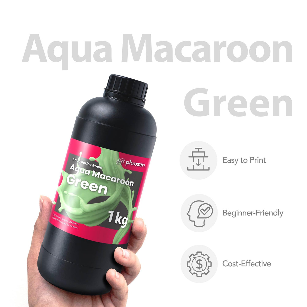 Phrozen Aqua Resin for 3D Printing, 405nm UV-Curing Photopolymer, Low Shrinkage, High Precision, Low Odor, Vivid Color, Non-Brittle, Fast Curing for LCD/DLP/SLA Printers (Macaroon-Green, 1KG) phrozen