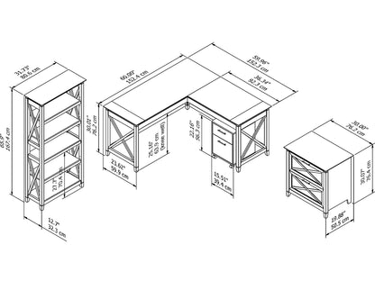 Bush Business Furniture Key West 60W L Shaped Desk Set with File Cabinets & 5-Shelf Bookcase in Pure White Oak - WoodArtSupply