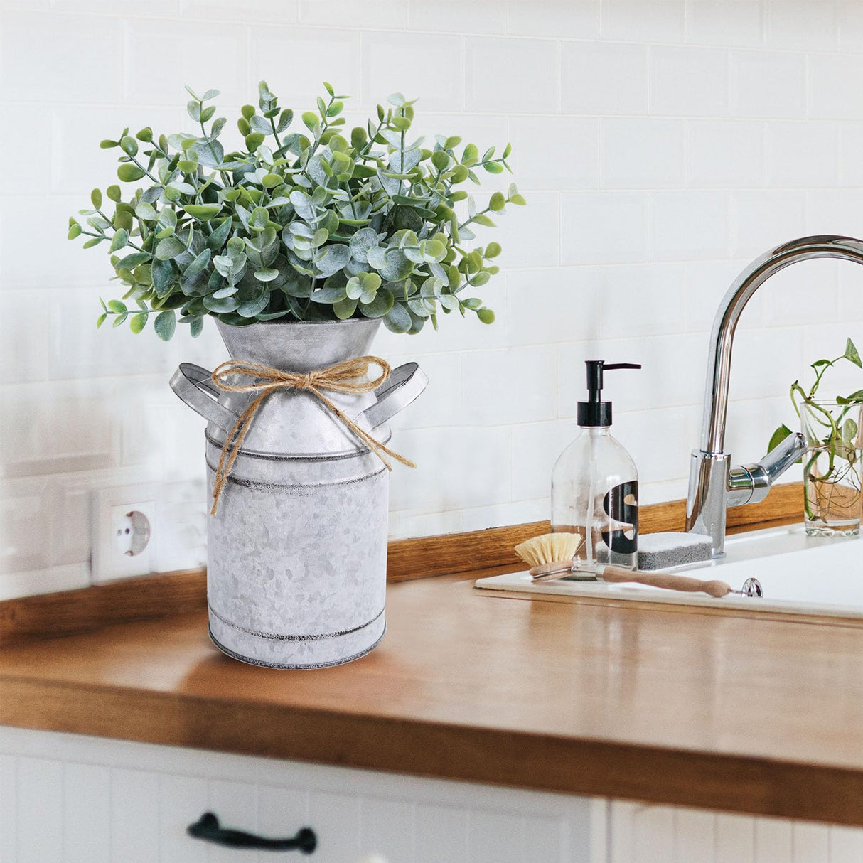 Winlyn Farmhouse Galvanized Metal Milk Can with Artificial Eucalyptus Greenery Arrangement Fake Plants Farmhouse Centerpieces 11.8" Tall for Rustic Country Wedding Home Table Tiered Tray Shelf Décor Winlyn