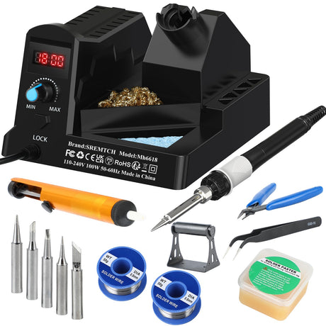 SREMTCH 100W Digital Display Soldering Iron Station Kit, 12-in-1 Soldering Station with 5 Iron Tips, Solder Paster, Lead-Free Solder, Solder Sucker, S/S Tweezers, Auto Sleep 180°C to 480°C Temperature SREMTCH