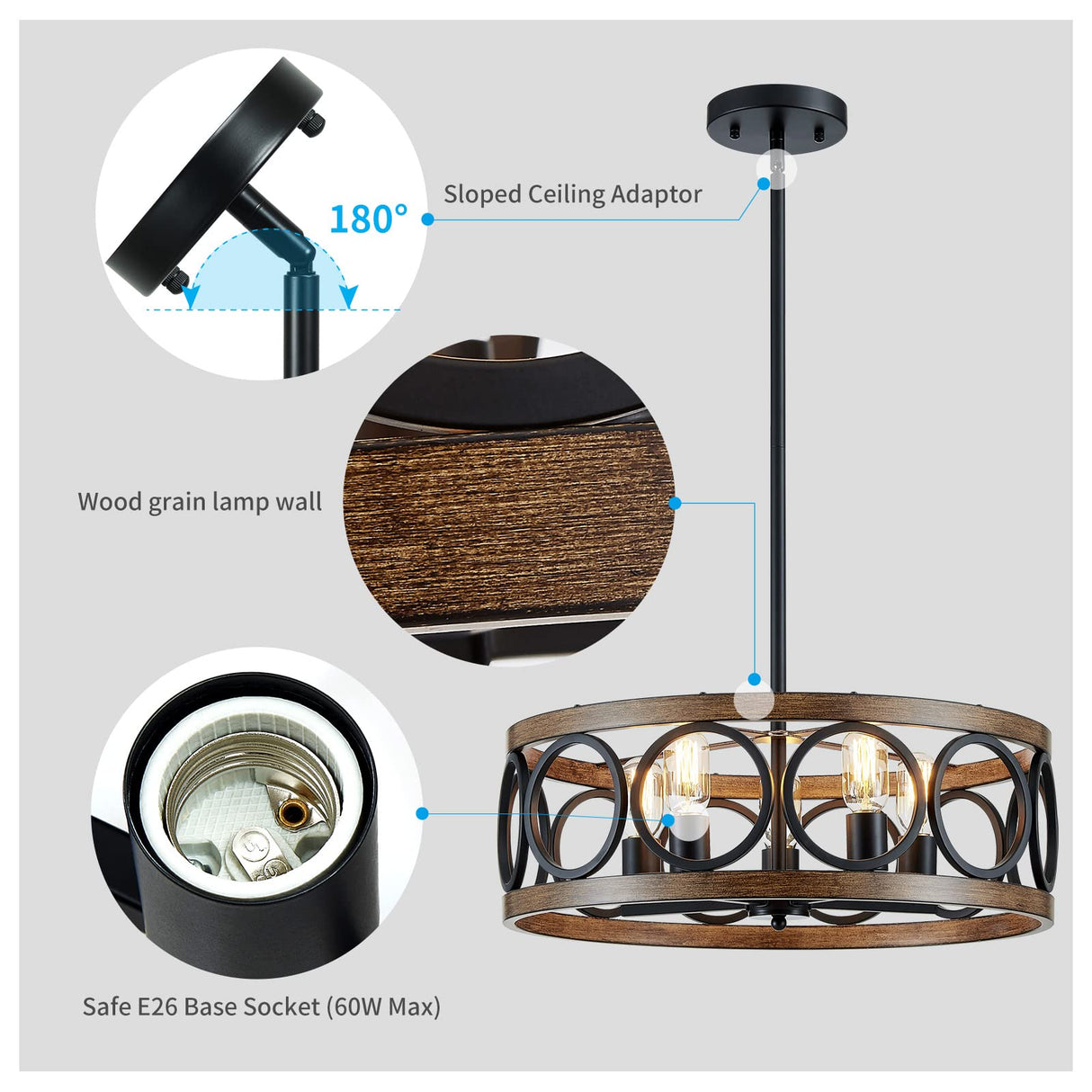 XINGQI Dining Room Chandelier 5-Light Black Modern Chandelier 21.7'' Farmhouse Drum Pendant Light Fixture for Living Room Kitchen Island Bedroom Office with Wood Grain Finish XINGQI