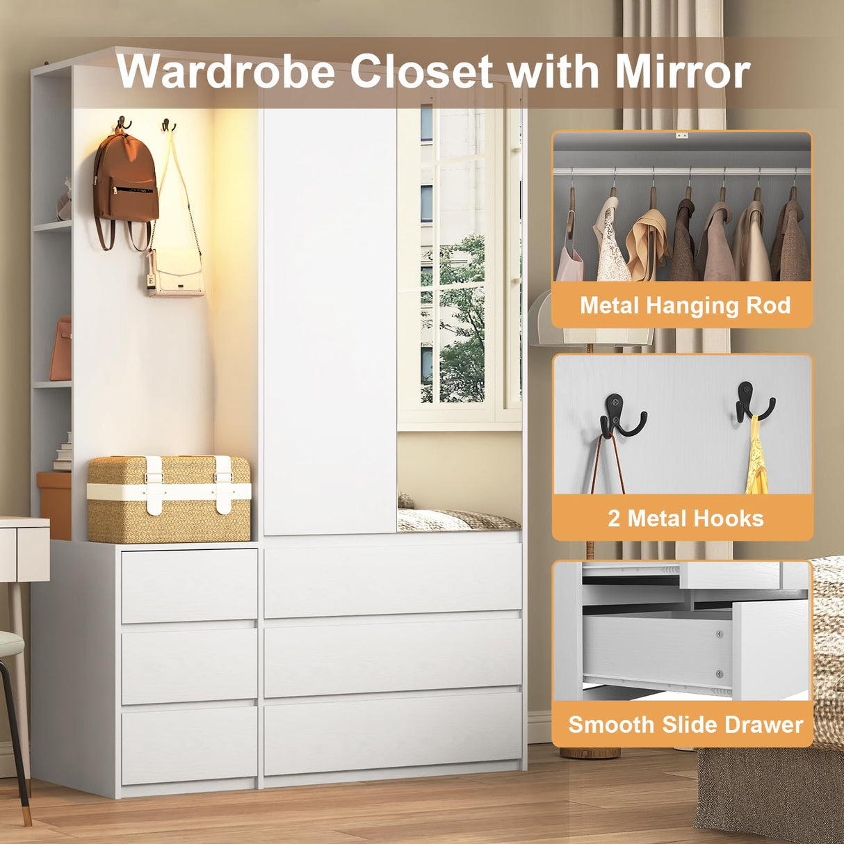 UZUGUL 72'' Armoire Wardrobe Closet with Mirror and 6 Drawers,Bedroom Armoire Wardrobe Cabinet with Hanging Rod and Light,Wooden Bedroom Closet with 3 Storage Shelf (White) UZUGUL