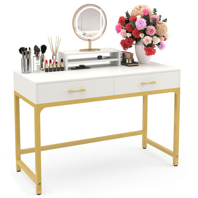 WESTREE Women Makeup Vanity Desk with 2 Drawers - Bedroom Home Office Desk, Wooden Height Monitor Stand & Storage Shelf Without Mirror, White Table