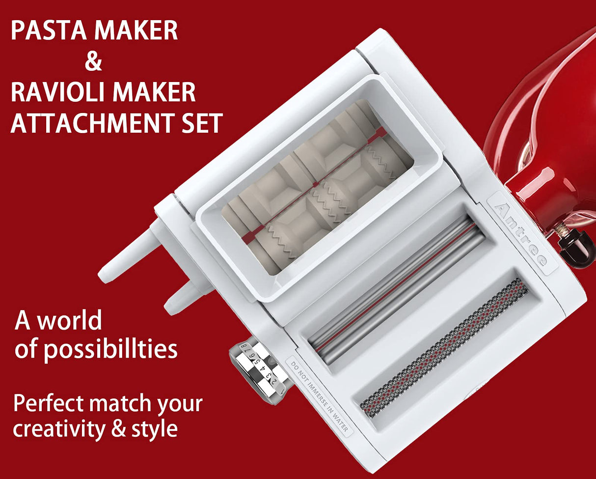 ANTREE 3-IN-1 Pasta Attachment & Ravioli Attachment for KitchenAid Stand Mixers, Pasta Maker Assecories included Pasta Sheet Roller, Spaghetti Cutter and Ravioli Maker Attachment Antree