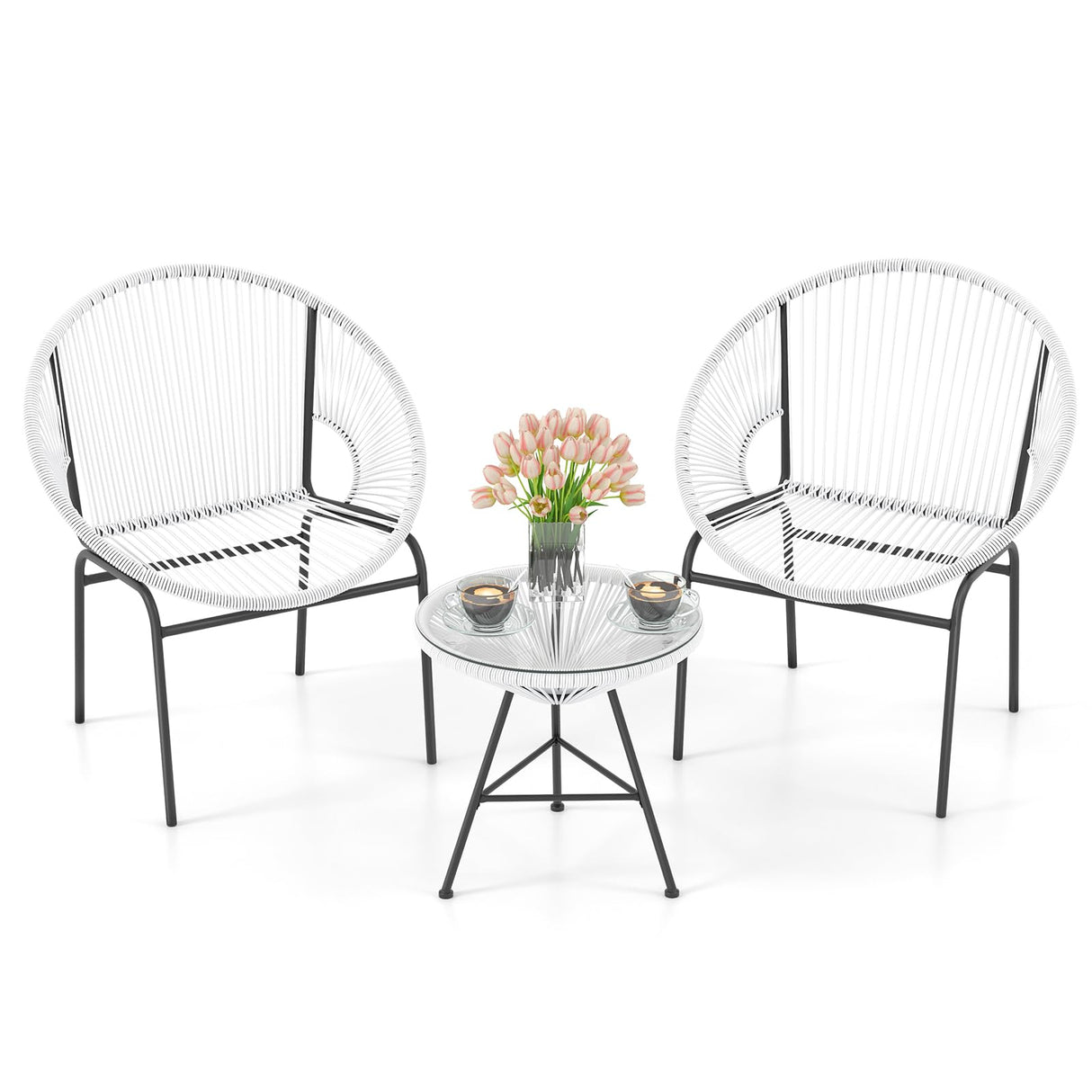 Tangkula 3 Piece Outdoor Patio Furniture Set, Acapulco Chair Set w/Plastic Rope, Tempered Glass Table, All Weather Patio Bistro Set for Patio, Lawn, Garden, Backyard Tangkula