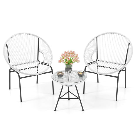 Tangkula 3 Piece Outdoor Patio Furniture Set, Acapulco Chair Set w/Plastic Rope, Tempered Glass Table, All Weather Patio Bistro Set for Patio, Lawn, Garden, Backyard Tangkula