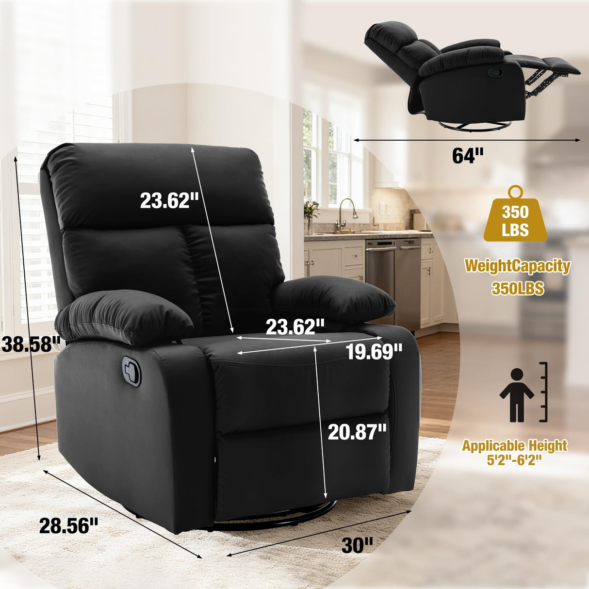 GNMLP2020 Rocking Recliner, 360° Swivel Recliner Chairs for Adults, Small Rocker Recliners for Small Spaces, Living Room, Bedroom, Nursery, RV, Black GNMLP2020
