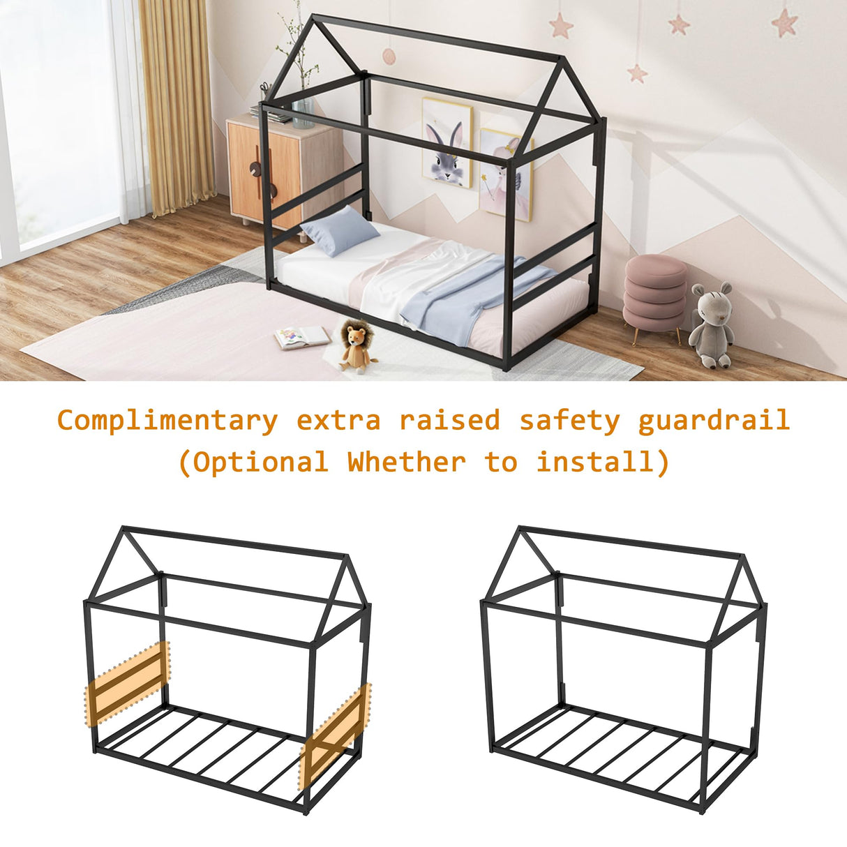 Kuurfuurdo Twin House Bed with Canopy, Montessori Floor Bed Frame Metal Platform Tent Bed for Bedroom Playroom, Black kuurfuurdo