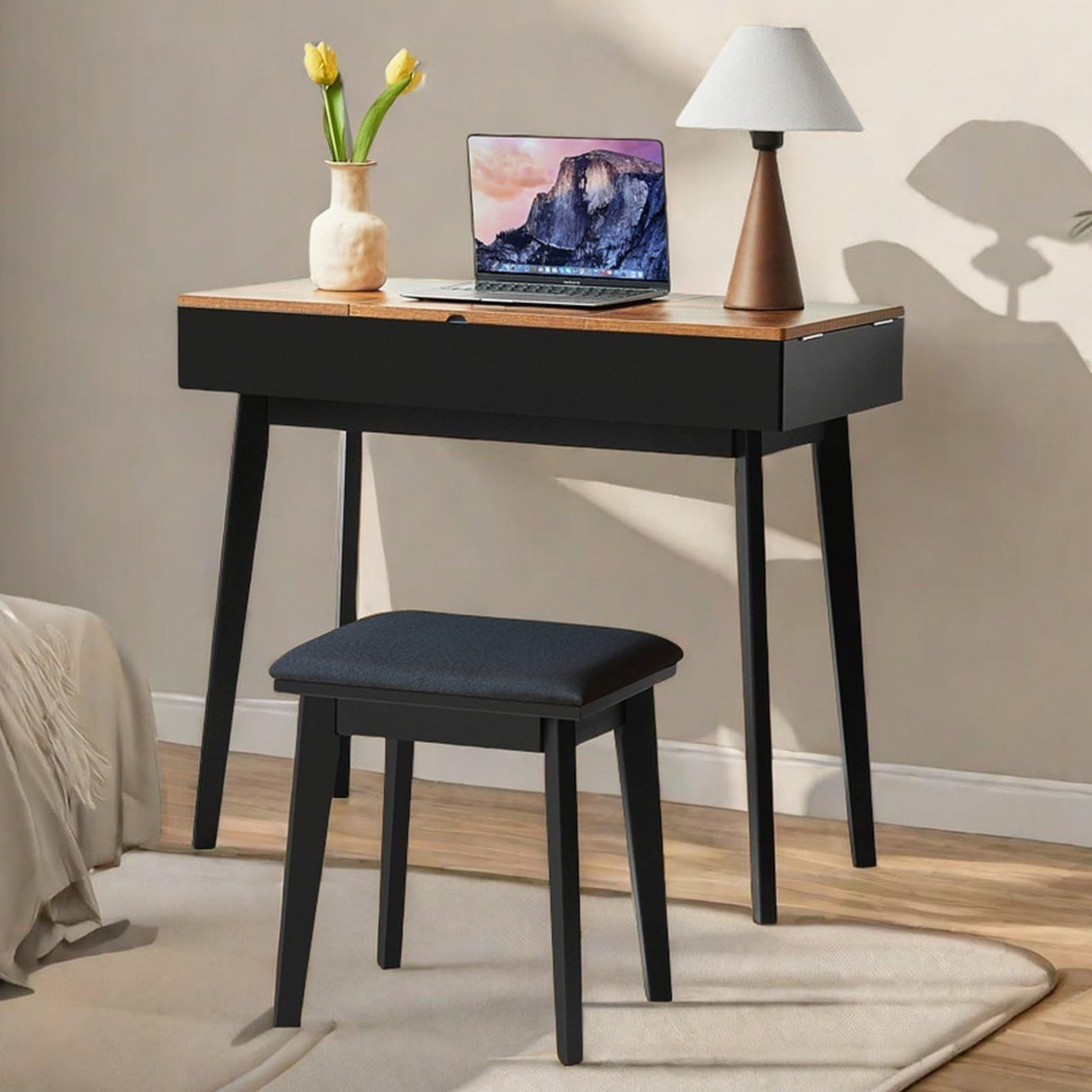 JanflyHome Vanity Desk, Flip Top Makeup Vanity Table with Power Outlet, Makeup Vanity Desk with Mirror & LED Light, Rustic Vanity Set with Cushioning Stool, Vintage Vanity for Bedroom, Black Brown JanflyHome