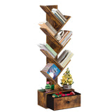 OUTONLIFE Tree Bookshelf with Drawer, 6 Tier Book Shelves, Narrow Floor Standing Bookcase, Corner Book Storage Rack for CDs/Movies/Books, Wood Bookshelves for Living Room, Home Office, Bedroom OUTONLIFE
