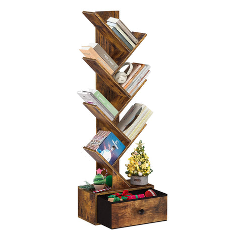 OUTONLIFE Tree Bookshelf with Drawer, 6 Tier Book Shelves, Narrow Floor Standing Bookcase, Corner Book Storage Rack for CDs/Movies/Books, Wood Bookshelves for Living Room, Home Office, Bedroom OUTONLIFE