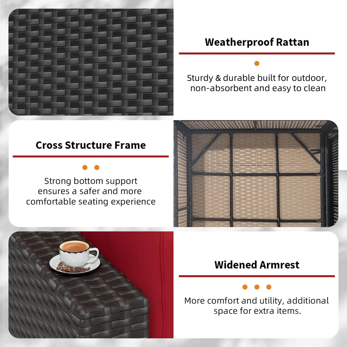 Oakcloud 7-Piece Outdoor Patio Furniture Sofa Set Black Rattan Wicker Sectional Conversation Sets with Glass Top Table and Cushions(Red) Oakcloud