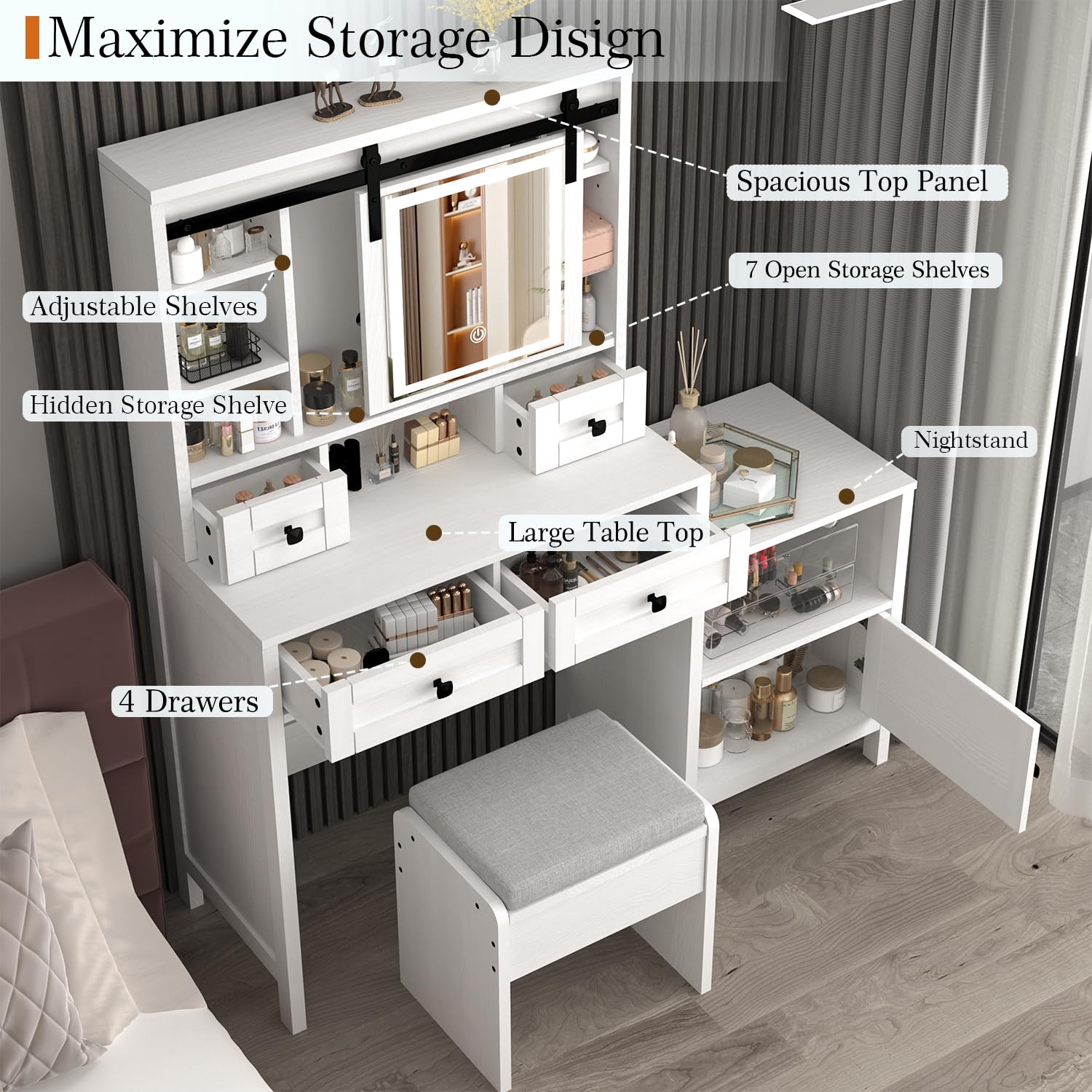 MECHYIN Vanity Desk with Sliding Mirror and Lights, 49'' Farmhouse Makeup Vanity with Nightstand & Power Outlet, Vanity Table with Drawers, Storage Shelves, Dressing Table Set with Stool for  - WoodArtSupply