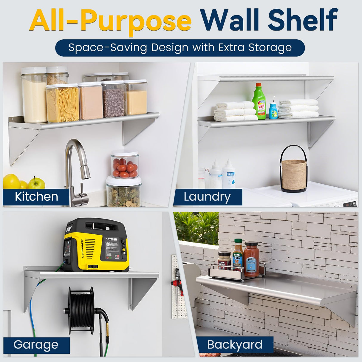 Chingoo Stainless Steel Shelf 18" x 72", 2 Pack NSF Wall Mounted Commercial Metal Shelving with Backsplash for Restaurant, Utility Room, Kitchen and Garage Chingoo