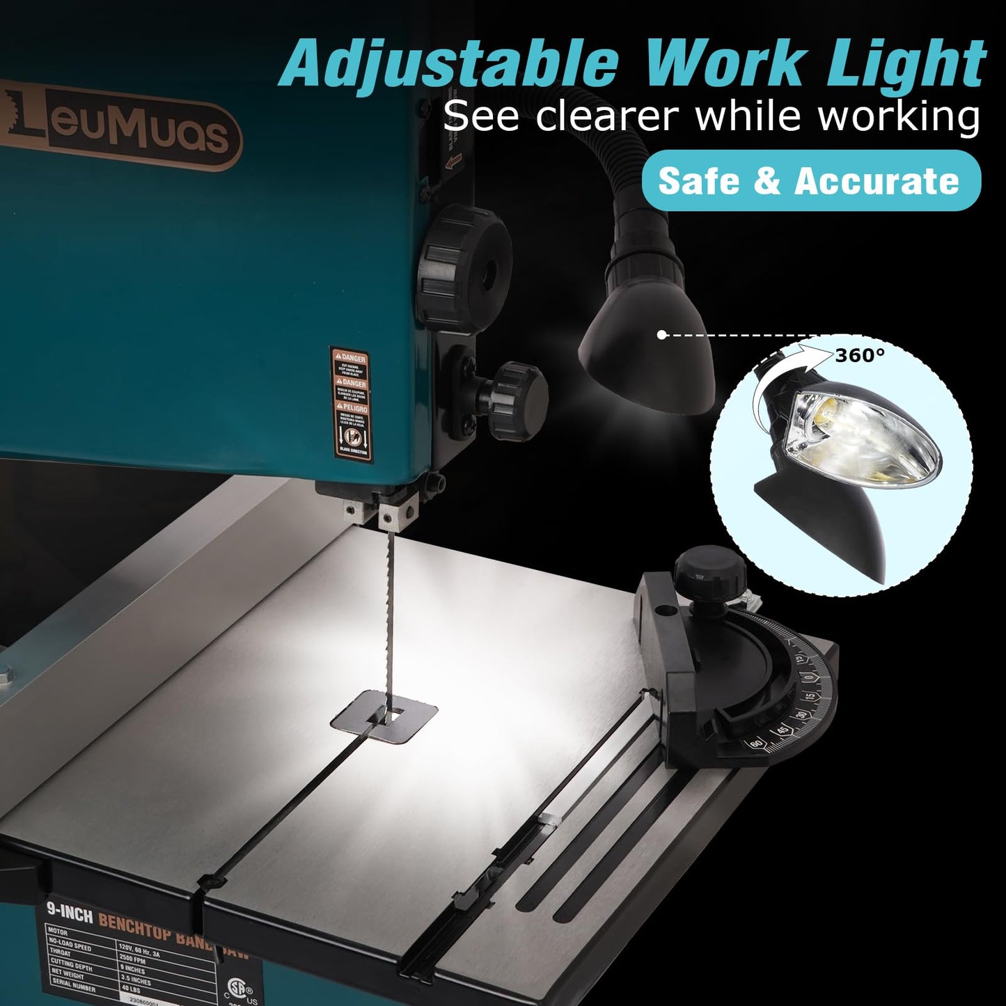 3A 9 Inch Benchtop Band Saw,Low Noise Induction Motor Bandsaw with 360° Adjustable Light,Steel Base,Cast Aluminum Table,Miter Gauge System.Anti-Shake Band Saws for Woodworking,2500FPM & 1720R - WoodArtSupply