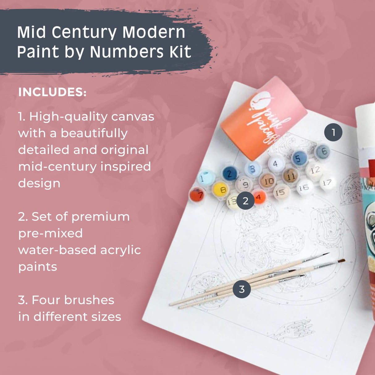 Pink Picasso Kits Mid Century Modern Paint by Number for All Ages | DIY 8x10 Beginners Art Craft Kit Acrylic Paint Canvas Painting Kits as Seen On Shark Tank | (The World is Your Oyster) Pink Picasso