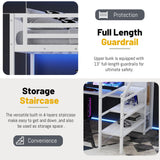 Queen Loft Bed with Stairs and Desk,Heavy Duty Metal Queen Size Loft Bed Frame for Adults with Wardrobe and Shelf, Gaming Bed with LED and USB for Teens Girls Boys,No Noise, White MoproBeti