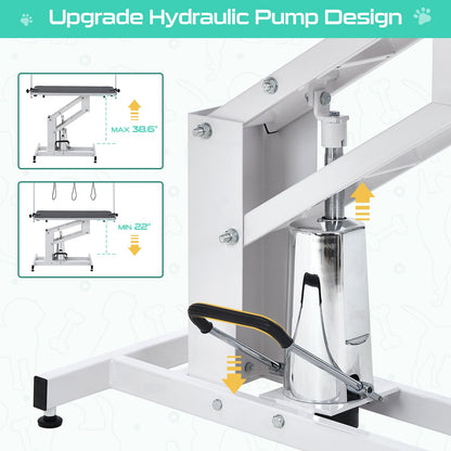 43.3" Hydraulic Dog Grooming Table for Pet, Heavy Duty Structural Hydraulic Max Load 350Lbs Professional Pet Grooming Table with Adjustable Overhead Arm & Noose Height Range 22''-39'' (WHITE)