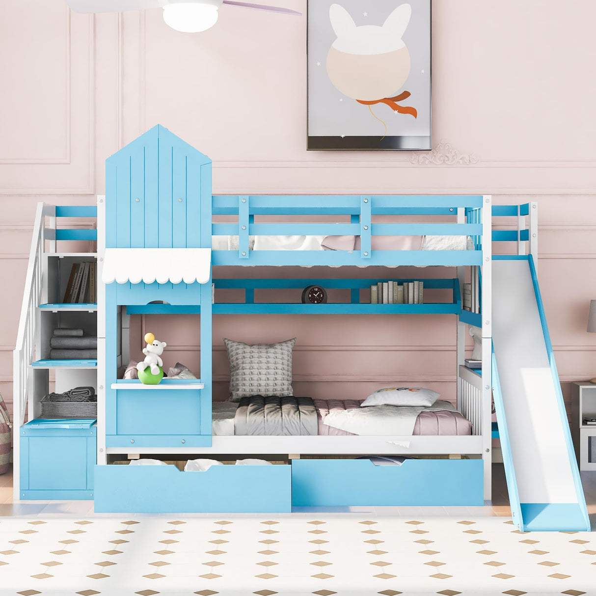 Kids Bunk Bed with Stairs and Slide, Wood Twin Over Twin Bunk Bed with Storage Drawers and Shelves, Castle Style Bunk Beds for Kids Teens Girls Boys, Blue Bellemave